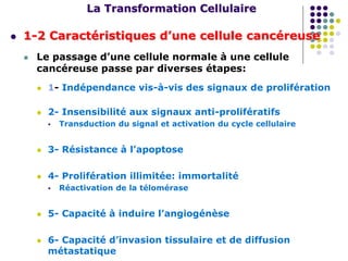 La Transformation Cellulaire
 1-2 Caractéristiques d’une cellule cancéreuse
 Le passage d’une cellule normale à une cellule
cancéreuse passe par diverses étapes:
 1- Indépendance vis-à-vis des signaux de prolifération
 2- Insensibilité aux signaux anti-prolifératifs
 Transduction du signal et activation du cycle cellulaire
 3- Résistance à l’apoptose
 4- Prolifération illimitée: immortalité
 Réactivation de la télomérase
 5- Capacité à induire l’angiogénèse
 6- Capacité d’invasion tissulaire et de diffusion
métastatique
 