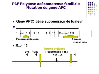 PAF Polypose adénomateuse familiale
Mutation du gène APC
 Gène APC: gène suppresseur de tumeur
 ________________________
1 2 3 4 5 6 7 8 9 10 11………14 15
¯¯¯¯¯¯¯¯¯¯¯¯¯¯¯¯¯¯¯¯¯¯¯¯¯¯¯¯¯¯¯¯¯¯¯¯¯¯¯¯¯¯¯¯¯¯¯¯¯¯¯
Formes atténuées Formes
classiques
 Exon 15
Formes profuses
1245 1250 T desmoïdes 1464
  1444  
_________________________
 