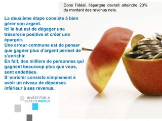 INVEST FOR A
BETTER WORLD
EIC Corporation
La deuxième étape consiste à bien
gérer son argent.
Ici le but est de dégager une
trésorerie positive et créer une
épargne.
Une erreur commune est de penser
que gagner plus d’argent permet de
s’enrichir.
En fait, des milliers de personnes qui
gagnent beaucoup plus que vous,
sont endettées.
S’ enrichir consiste simplement à
avoir un niveau de dépenses
inférieur à ses revenus.
Dans l’idéal, l’épargne devrait atteindre 20%
du montant des revenus nets.
 