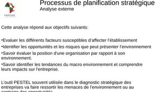 Cette analyse répond aux objectifs suivants:
•Evaluer les différents facteurs susceptibles d’affecter l’établissement
•Identifier les opportunités et les risques que peut présenter l’environnement
•Savoir évaluer la position d'une organisation par rapport à son
environnement.
•Savoir identifier les tendances du macro environnement et comprendre
leurs impacts sur l'entreprise.
L’outil PESTEL souvent utilisée dans le diagnostic stratégique des
entreprises va faire ressortir les menaces de l’environnement ou au
Processus de planification stratégique
Analyse externe
 