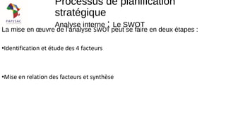 La mise en œuvre de l’analyse SWOT peut se faire en deux étapes :
•Identification et étude des 4 facteurs
•Mise en relation des facteurs et synthèse
Processus de planification
stratégique
Analyse interne : Le SWOT
 