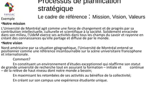 Exemple
•Notre mission
L'Université de Montréal agit comme une force de changement et de progrès par sa
contribution intellectuelle, culturelle et scientifique à la société. Solidement enracinée
dans son milieu, l'UdeM exerce ses activités dans tous les champs du savoir et rayonne en
créant des connaissances qu'elle partage et diffuse de par le monde.
•Notre vision
Nord-américaine par sa situation géographique, l'Université de Montréal entend se
positionner comme une référence incontournable sur la scène universitaire francophone
et internationale.
Comment?
En constituant un environnement d'études exceptionnel qui réaffirme son statut
de grande université de recherche tout en assurant la formation – initiale et continue
– de la relève de haut niveau dont notre monde a besoin;
En maximisant les retombées de ses activités au bénéfice de la collectivité;
En créant sur son campus une expérience étudiante unique.
Processus de planification
stratégique
Le cadre de référence : Mission, Vision, Valeurs
 