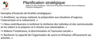Planification stratégique
Elaborer le plan stratégique : Déterminer les grandes orientations (Axes stratégiques,
d’objectifs stratégiques )
Exemples d’énoncés de finalités stratégiques :
•« Améliorer, au niveau national, la préparation aux situations d’urgence,
l’intervention et le relèvement. »
• « Nous contribuerons à renforcer la résilience des individus et des communautés
en les aidant à se préparer et à résister aux catastrophes. »
•« Réduire l’intolérance, la discrimination et l’exclusion sociale.»
•« Renforcer la capacité de l’organisation de suivre et d’évaluer efficacement ses
activités. »
 