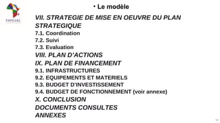 • Le modèle
58
VII. STRATEGIE DE MISE EN OEUVRE DU PLAN
STRATEGIQUE
7.1. Coordination
7.2. Suivi
7.3. Evaluation
VIII. PLAN D’ACTIONS
IX. PLAN DE FINANCEMENT
9.1. INFRASTRUCTURES
9.2. EQUIPEMENTS ET MATERIELS
9.3. BUDGET D’INVESTISSEMENT
9.4. BUDGET DE FONCTIONNEMENT (voir annexe)
X. CONCLUSION
DOCUMENTS CONSULTES
ANNEXES
 