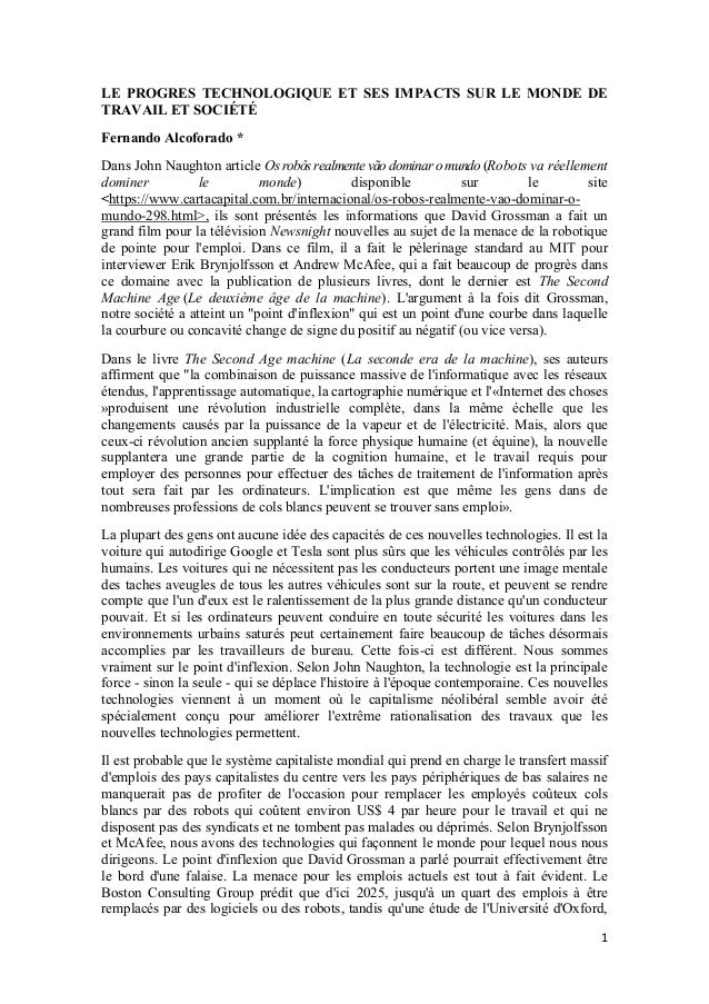 Le progres technologique et ses impacts sur le monde de travail et so…
