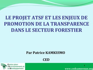 LE PROJET ATSF ET LES ENJEUX DE
PROMOTION DE LA TRANSPARENCE
DANS LE SECTEUR FORESTIER

Par Patrice KAMKUIMO
CED
1
www.cedcameroun.org

 