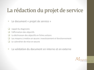 La rédaction du projet de service
• Le document « projet de service »
 rappel du diagnostic
 l’affirmation des objectifs
 La déclinaison des objectifs en fiches actions
 Les moyens à mettre en œuvre: investissement et fonctionnement
 Le calendrier de mise en œuvre
• La validation du document en interne et en externe
 