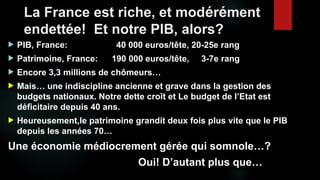 La France est riche, et modérément
endettée! Et notre PIB, alors?
 PIB, France: 40 000 euros/tête, 20-25e rang
 Patrimoi...