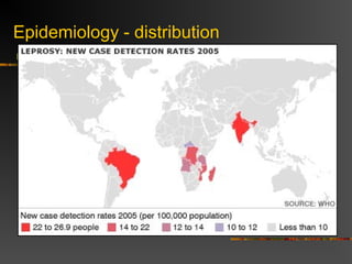Epidemiology - distribution
Approximately 83% of the leprosy cases live in
6 countries: Nepal, Madagascar, Indonesia,
and especially, India and Brazil.