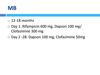 MB
 12-18 months
 Day 1: Rifampicin 600 mg, Dapson 100 mg/
Clofazimine 300 mg
 Day 2 -28: Dapson 100 mg, Clofazimine 50mg
 