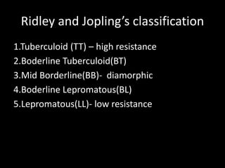 Ridley and Jopling’s classification
1.Tuberculoid (TT) – high resistance
2.Boderline Tuberculoid(BT)
3.Mid Borderline(BB)- diamorphic
4.Boderline Lepromatous(BL)
5.Lepromatous(LL)- low resistance
 