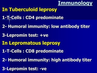 In Tuberculoid leprosy
1-T-Cells : CD4 predominate
2- Humoral immunity: low antibody titer
3-Lepromin test: +ve
In Lepromatous leprosy
1-T-Cells : CD8 predominate
2- Humoral immunity: high antibody titer
3-Lepromin test: -ve
Immunology
 