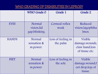 WHO Grade 0 Grade 1 Grade 2
EYES Normal
vision,lid
gap,blinking.
Corneal reflex
weak
Reduced
vision,lagophtha
lmos.
HANDS Normal
sensation &
m.power.
Loss of feeling in
the palm
Visible
damage:wounds,
claw hand,loss
of tissue etc.
FEET Normal
sensation &
m.power.
Loss of feeling in
the sole
Visible
damage:wound,f
oot drop,loss of
tissue.
48
 