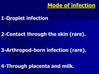 1-Droplet infection
2-Contact through the skin (rare).
3-Arthropod-born infection (rare).
4-Through placenta and milk.
Mode of infection
 