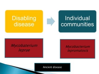 Disabling
disease
Individual
communities
Mycobaterium
leprae
Mycobacterium
lepromatosis
Ancient disease
 