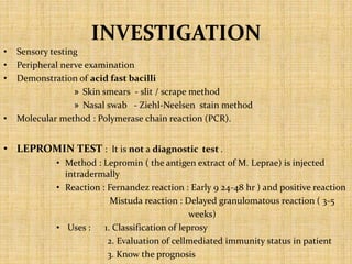 INVESTIGATION
• Sensory testing
• Peripheral nerve examination
• Demonstration of acid fast bacilli
» Skin smears - slit / scrape method
» Nasal swab - Ziehl-Neelsen stain method
• Molecular method : Polymerase chain reaction (PCR).
• LEPROMIN TEST : It is not a diagnostic test .
• Method : Lepromin ( the antigen extract of M. Leprae) is injected
intradermally
• Reaction : Fernandez reaction : Early 9 24-48 hr ) and positive reaction
Mistuda reaction : Delayed granulomatous reaction ( 3-5
weeks)
• Uses : 1. Classification of leprosy
2. Evaluation of cellmediated immunity status in patient
3. Know the prognosis
 