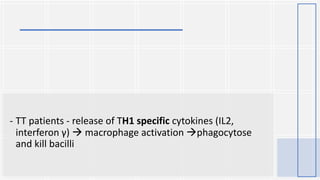 - TT patients - release of TH1 specific cytokines (IL2,
interferon γ) à macrophage activation àphagocytose
and kill bacilli
 