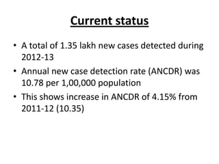 Current status
• A total of 1.35 lakh new cases detected during
2012-13
• Annual new case detection rate (ANCDR) was
10.78 per 1,00,000 population
• This shows increase in ANCDR of 4.15% from
2011-12 (10.35)

 