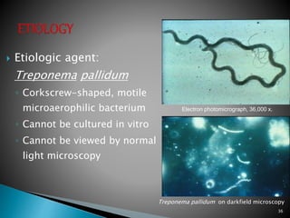  Etiologic agent:
Treponema pallidum
◦ Corkscrew-shaped, motile
microaerophilic bacterium
◦ Cannot be cultured in vitro
◦ Cannot be viewed by normal
light microscopy
36
Treponema pallidum on darkfield microscopy
Electron photomicrograph, 36,000 x.
 