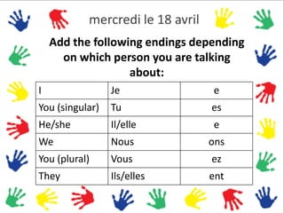 mercredi le 18 avril
    Add the following endings depending
      on which person you are talking
                   about:
I                Je               e
You (singular)   Tu               es
He/she           Il/elle          e
We               Nous             ons
You (plural)     Vous             ez
They             Ils/elles        ent
 