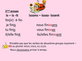 2ème groupe
is – is -it issons – issez- issent
fin(ir) → fin
je finis nous finissons
tu finis vous finissez
Il/elle finit ils/elles finissent
• N’oublie pas que les verbes du deuxième groupe reçoivent –
ISS au pluriel: NOUS, VOUS, ILS, ELLES.
Nous réussissons arriver à temps.
 