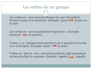 Les verbes du 1er groupeLes verbes en –ayer peuventchanger le y par i du radical devant e muetou la maintenir. Exemple : payer          je paieou je paye.Les verbes en –eyermantiennenttoujours le y. Exemple : grasseyer           je grasseye.Verbese_er : changentleur premier e par è quandilstrouvent un e muetaprès. Exemple: semer           je sème.Verbes en –eler et –eter : peuventprendre la règleprécedenteou bien doubler la consonne. Exemple : appelerj’appelle.