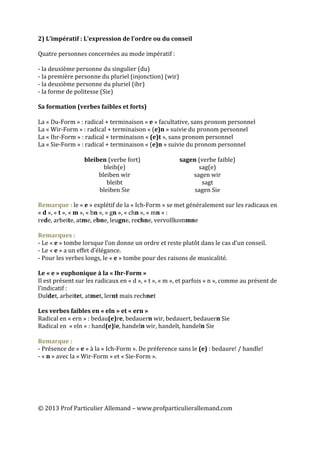  
	
  
©	
  2013	
  Prof	
  Particulier	
  Allemand	
  –	
  www.profparticulierallemand.com	
  
2)	
  L’impératif	
  :	
  L’expression	
  de	
  l’ordre	
  ou	
  du	
  conseil	
  
	
  
Quatre	
  personnes	
  concernées	
  au	
  mode	
  impératif	
  :	
  	
  
	
  
-­‐	
  la	
  deuxième	
  personne	
  du	
  singulier	
  (du)	
  
-­‐	
  la	
  première	
  personne	
  du	
  pluriel	
  (injonction)	
  (wir)	
  
-­‐	
  la	
  deuxième	
  personne	
  du	
  pluriel	
  (ihr)	
  
-­‐	
  la	
  forme	
  de	
  politesse	
  (Sie)	
  	
  
	
  
Sa	
  formation	
  (verbes	
  faibles	
  et	
  forts)	
  	
  
	
  
La	
  «	
  Du-­‐Form	
  »	
  :	
  radical	
  +	
  terminaison	
  «	
  e	
  »	
  facultative,	
  sans	
  pronom	
  personnel	
  
La	
  «	
  Wir-­‐Form	
  »	
  :	
  radical	
  +	
  terminaison	
  «	
  (e)n	
  »	
  suivie	
  du	
  pronom	
  personnel	
  
La	
  «	
  Ihr-­‐Form	
  »	
  :	
  radical	
  +	
  terminaison	
  «	
  (e)t	
  »,	
  sans	
  pronom	
  personnel	
  
La	
  «	
  Sie-­‐Form	
  »	
  :	
  radical	
  +	
  terminaison	
  «	
  (e)n	
  »	
  suivie	
  du	
  pronom	
  personnel	
  
	
  
bleiben	
  (verbe	
  fort)	
  	
   	
   sagen	
  (verbe	
  faible)	
  
bleib(e)	
   	
   	
   	
   sag(e)	
  
bleiben	
  wir	
   	
   	
   	
   sagen	
  wir	
  
bleibt	
   	
   	
   	
   	
   sagt	
  
bleiben	
  Sie	
   	
   	
   	
   sagen	
  Sie	
  
	
  
Remarque	
  :	
  le	
  «	
  e	
  »	
  explétif	
  de	
  la	
  «	
  Ich-­‐Form	
  »	
  se	
  met	
  généralement	
  sur	
  les	
  radicaux	
  en	
  
«	
  d	
  »,	
  «	
  t	
  »,	
  «	
  m	
  »,	
  «	
  bn	
  »,	
  «	
  gn	
  »,	
  «	
  chn	
  »,	
  «	
  mn	
  »	
  :	
  
rede,	
  arbeite,	
  atme,	
  ebne,	
  leugne,	
  rechne,	
  vervollkommne	
  
	
  
Remarques	
  :	
  	
  
-­‐	
  Le	
  «	
  e	
  »	
  tombe	
  lorsque	
  l’on	
  donne	
  un	
  ordre	
  et	
  reste	
  plutôt	
  dans	
  le	
  cas	
  d’un	
  conseil.	
  
-­‐	
  Le	
  «	
  e	
  »	
  a	
  un	
  effet	
  d’élégance.	
  
-­‐	
  Pour	
  les	
  verbes	
  longs,	
  le	
  «	
  e	
  »	
  tombe	
  pour	
  des	
  raisons	
  de	
  musicalité.	
  
	
  
Le	
  «	
  e	
  »	
  euphonique	
  à	
  la	
  «	
  Ihr-­‐Form	
  »	
  
Il	
  est	
  présent	
  sur	
  les	
  radicaux	
  en	
  «	
  d	
  »,	
  «	
  t	
  »,	
  «	
  m	
  »,	
  et	
  parfois	
  «	
  n	
  »,	
  comme	
  au	
  présent	
  de	
  
l’indicatif	
  :	
  
Duldet,	
  arbeitet,	
  atmet,	
  lernt	
  mais	
  rechnet	
  
	
  
Les	
  verbes	
  faibles	
  en	
  «	
  eln	
  »	
  et	
  «	
  ern	
  »	
  
Radical	
  en	
  «	
  ern	
  »	
  :	
  bedau(e)re,	
  bedauern	
  wir,	
  bedauert,	
  bedauern	
  Sie	
  	
  
Radical	
  en	
  	
  «	
  eln	
  »	
  :	
  hand(e)le,	
  handeln	
  wir,	
  handelt,	
  handeln	
  Sie	
  
	
  
Remarque	
  :	
  
-­‐	
  Présence	
  de	
  «	
  e	
  »	
  à	
  la	
  «	
  Ich-­‐Form	
  ».	
  De	
  préference	
  sans	
  le	
  (e)	
  :	
  bedaure!	
  /	
  handle!	
  
-­‐	
  «	
  n	
  »	
  avec	
  la	
  «	
  Wir-­‐Form	
  »	
  et	
  «	
  Sie-­‐Form	
  ».	
  
	
  
	
  
	
  
 