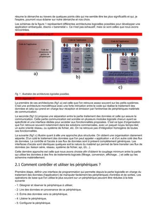 résume la démarche au travers de quelques points clés qui me semble être les plus significatifs et qui, je
l'espère, pourront vous éclairer sur notre démarche et nos choix.
Les schémas de la figure 1 représentent différentes architectures logicielles possibles pour développer une
application embarquée, disons « baremetal ». Ce n'est pas exhaustif, mais ce sont celles que nous avons
rencontrées.
// Image : shell-illustration.png ///

Fig. 1 : Illustration des architectures logicielles possibles.
/// Fin légende ///
La première de ces architectures (fig1.a) est celle que l'on retrouve assez souvent sur les petits systèmes.
C'est une architecture monolithique avec une forte intrication entre le code qui réalise le traitement des
données et celui qui prend en charge leur réception et émission par l'entremise de périphériques matériels
de communication.
La seconde (fig1.b) propose une séparation entre la partie traitement des données et celle qui assure la
communication. Cette partie communication est scindée en plusieurs modules logiciels chacun ayant sa
spécificité et une interface dédiée pour accéder aux fonctionnalités proposées. C'est ce type d'organisation
que l'on retrouve souvent notamment dans les solutions commerciales, avec un paquet noyau temps-réel,
un autre orienté réseau, ou système de fichier, etc. On ne retrouve pas d'intégration homogène de toutes
ces fonctionnalités.
La suivante (fig1.c) illustre quant à elle une approche plus structurée. On obtient une organisation clairement
séparée. D'un coté le traitement des données que l'on peut appeler « application » et d'un autre coté des flux
de données. Le contrôle et l'accès à ces flux de données sont à présent complètement génériques. Les
interfaces d'accès sont identiques quelques soit la nature du matériel qui permet de faire transiter ces flux de
données (ex :liaison série, réseau, système de fichier, spi, i2c...).
Cette dernière approche est celle que nous avons choisie afin d'obtenir le couplage minimum entre la partie
qui utilise les données à des fins de traitements logiciels (filtrage, conversion, affichage…) et celle qui les
achemine matériellement.

2.1 Comment contrôler et utiliser les périphériques ?
Première étape, définir une interface de programmation qui permette depuis la partie logicielle en charge du
traitement des données (l'application) de manipuler facilement les périphériques d'entrées et de sorties. Les
opérations de base que l'on utilise le plus souvent sur un périphérique peuvent être réduites à la liste
suivante
- 1: Désigner et réserver le périphérique à utiliser,
- 2: Lire des données en provenance de ce périphérique,
- 3: Écrire des données vers ce périphérique,
- 4: Libérer le périphérique,
- 5: Configurer le périphérique.

 