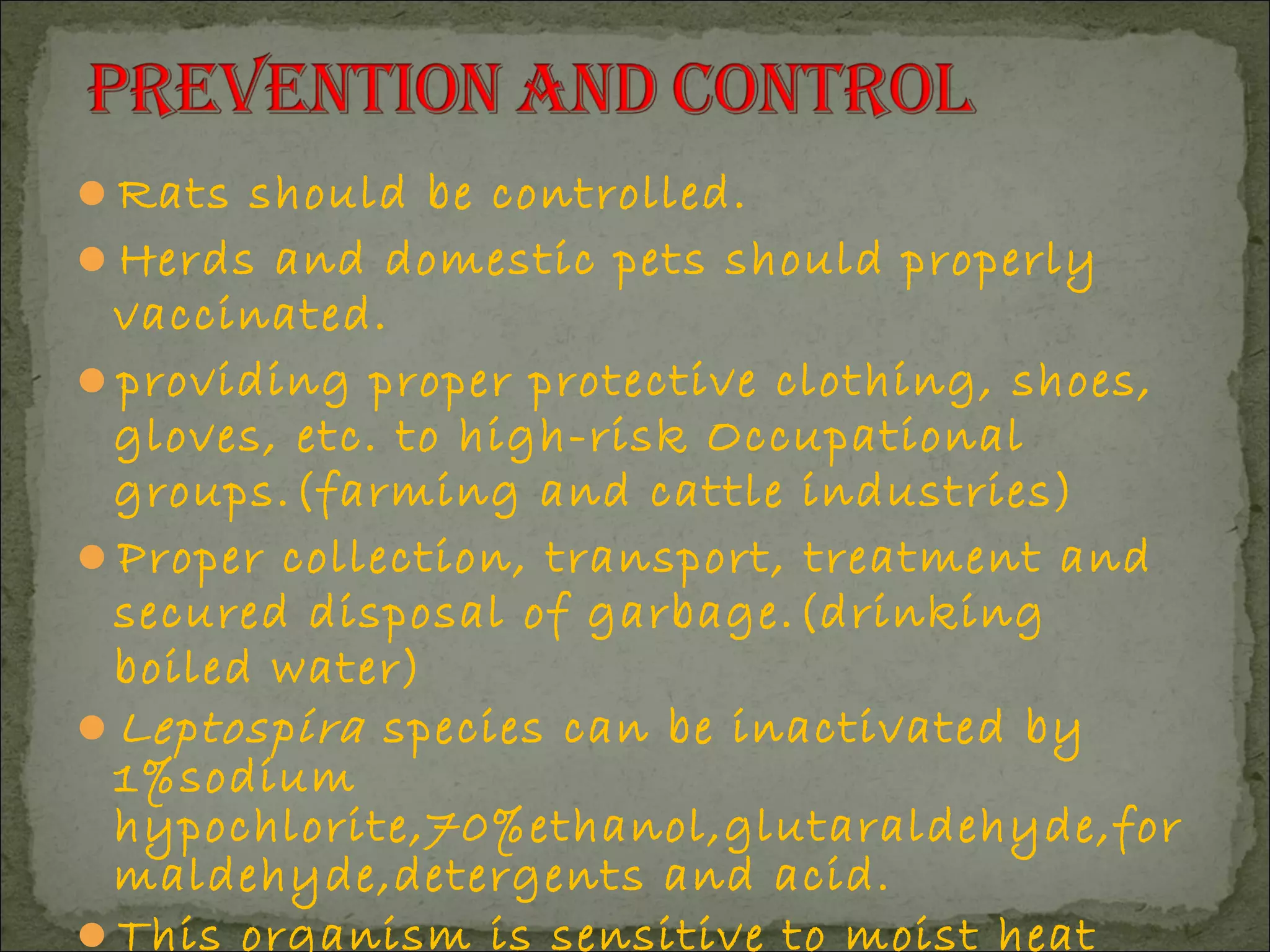 Rats should be controlled.
Herds and domestic pets should properly
 vaccinated.
providing proper protective clothing, shoes,
 gloves, etc. to high-risk Occupational
 groups.(farming and cattle industries)
Proper collection, transport, treatment and
 secured disposal of garbage.(drinking
 boiled water)
Leptospira species can be inactivated by
 1%sodium
 hypochlorite,70%ethanol,glutaraldehyde,for
 maldehyde,detergents and acid.
This organism is sensitive to moist heat
 