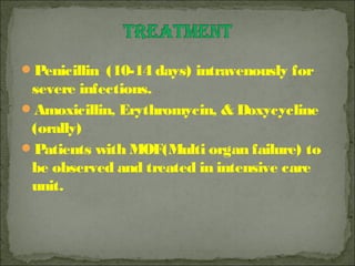 Penicillin (10-14 days) intravenously for
 severe infections.
Amoxicillin, Erythromycin, & Doxycycline
 (orally)
Patients with MOF(Multi organ failure) to
 be observed and treated in intensive care
 unit.
 
