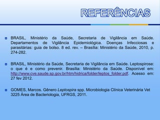 REFERÊNCIAS

   BRASIL, Ministério da Saúde, Secretaria de Vigilância em Saúde.
    Departamentos de Vigilância Epidemiológica. Doenças Infecciosas e
    parasitárias: guia de bolso. 8 ed. rev. – Brasília: Ministério da Saúde, 2010, p.
    274-282.

   BRASIL, Ministério da Saúde, Secretaria de Vigilância em Saúde. Leptospirose:
    o que é e como prevenir. Brasília: Ministério da Saúde. Disponível em:
    http://www.cve.saude.sp.gov.br/htm/hidrica/folder/leptos_folder.pdf. Acesso em:
    27 fev 2012.

   GOMES, Marcos. Gênero Leptospira spp. Microbiologia Clínica Veterinária Vet
    3225 Área de Bacteriologia, UFRGS, 2011.
 