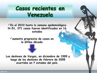 En el 2010 hasta la semana epidemiológica
N-51, 271 casos fueron identificados en 16
estados
aumento progresivo de casos en
la última década
Los deslaves de Vargas, en diciembre de 1999 y
luego de los deslaves de febrero de 2005
ocurridos en 7 estados del país.
 