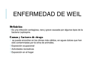 ENFERMEDAD DE WEIL
Definición
 Es una infección contagiosa, rara y grave causada por algunos tipos de la
bacteria Leptospira.
Causas y factores de riesgo
 se puede encontrar en los climas más cálidos, en aguas dulces que han
sido contaminadas por la orina de animales.
 Exposición ocupacional
 Actividades recreativas
 Exposición en el hogar
 