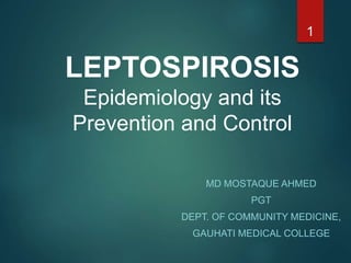 LEPTOSPIROSIS
Epidemiology and its
Prevention and Control
MD MOSTAQUE AHMED
PGT
DEPT. OF COMMUNITY MEDICINE,
GAUHATI MEDICAL COLLEGE
1
 