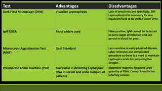 Test Advantages Disadvantages
Dark Field Microscopy (DFM) Visualize Leptospirosis Lack of sensitivity and specificity. 104
Leptospires/ml is necessary for one
organism/field to be visible under DFM.
IgM ELISA Most widely used False positive, IgM cannot be detected
in early stages of infection and can
persist in blood for years.
Microscopic Agglutination Test
(MAT)
Gold Standard Less sensitive in early phase of disease.
Labor intensive and complicated
procedure as there is a need to maintain
Leptospira strain for preparing live
antigen.
Polymerase Chain Reaction (PCR) Successful in detecting Leptospira
DNA in serum and urine samples of
patients
Expensive reagents, Requires large
quantity of DNA. Cannot identify the
infecting serovar.
 