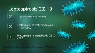 Leptospirosis CIE 10
Leptospirosis CIE 10 = A27
01.
Leptospirosis Icterohemorragica CIE
10= A27.0
02.
Leptospirosis no especificada CIE 10=
A27.9
03.
Clasificación internacional de enfermedades, 10.ª edición
 