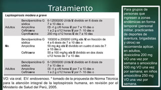 Tratamiento Para grupos de
personas que
ingresen a zonas
endémicas en forma
temporal (personal
militar, practicantes
de deportes de
aventura, brigadistas
y otros) se
recomienda aplicar,
en adultos,
doxiciclina 200 mg
VO una vez por
semana o amoxicilina
500 mg VO una vez
por semana; en niños
amoxicilina 250 mg
VO una vez por
semana.
 