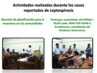 Actividades realizadas durante los casos
reportados de Leptospirosis
Reunión de planificación para el
muestreo en las comunidades
Participan autoridades del MINSA –
SILAIS León, MAG FOR SAAN II,
Académicos y estudiantes de
Medicina Veterinaria.
 