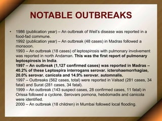 NOTABLE OUTBREAKS
• 1986 (publication year) – An outbreak of Weil’s disease was reported in a
food-fad commune.
1992 (publication year) – An outbreak (48 cases) in Madras followed a
monsoon.
1993 – An outbreak (18 cases) of leptospirosis with pulmonary involvement
was reported in north Andaman. This was the first report of pulmonary
leptospirosis in India.
1997 – An outbreak (1,127 confirmed cases) was reported in Madras –
40.2% of these Leptospira interrogans serovar. icterohaemorrhagiae,
20.0% serovar. canicola and 14.9% serovar. automnalis.
1997 – Outbreaks (562 cases, total) were reported in Valsad (281 cases, 34
fatal) and Surat (281 cases, 34 fatal).
1999 – An outbreak (143 suspect cases, 28 confirmed cases, 11 fatal) in
Orissa followed a cyclone. Serovars pomona, hebdomadis and canicola
were identified.
2000 – An outbreak (18 children) in Mumbai followed local flooding.
 