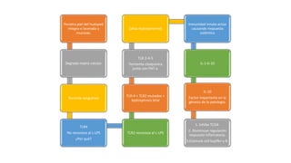 Penetra piel del huésped
integra o lacerada y
mucosas.
Degrada matriz celular.
Torrente sanguíneo
TLR4
No reconoce al L-LPS
¿Por qué?
TLR2 reconoce al L-LPS
TLR-4 + TLR2 mutados =
leptospirosis letal
TLR 2-4-5
Tormenta citoquinica
junto con FNT a.
[altas leptospiremia]
Inmunidad innata actúa
causando respuesta
sistémica
IL-1-6-10
IL-10
Factor importante en la
génesis de la patología.
1. Inhibe TCD4-
2. Disminuye regulación
respuesta inflamatoria.
3.Estimula cell kupffer y B.
 