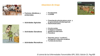  Factores climáticos y
ambientales
 Inundaciones
 LLUVIAS
 Actividades Agrícolas
 Actividades Ganaderas
 Actividades Recreativas
 Cosechasde caña de azúcar,arroz y
en generaltoda actividad agrícola
 Desmontede selva
 Cría de cerdos
 Trabajos en establos
 Asistencia veterinaria
 Psicultura
 Deportes:pesca,“ruralismo”,
navegación y deportes acuáticos
 Turismo de aventura
situaciones de riesgo
El control de las Enfermedades Transmisibles OPS. 2015. Edición 21. Pag 409
 