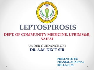 LEPTOSPIROSIS
DEPT. OF COMMUNITY MEDICINE, UPRIMS&R,
SAIFAI
UNDER GUIDANCE OF :
DR. A.M. DIXIT SIR
PRESENTED BY:
PRANJAL AGARWAL
ROLL NO. 55
 