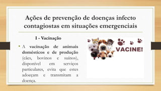 Ações de prevenção de doenças infecto
contagiostas em situações emergenciais
I - Vacinação
• A vacinação de animais
domésticos e de produção
(cães, bovinos e suínos),
disponível em serviços
particulares, evita que estes
adoeçam e transmitam a
doença.
 