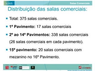 Salas Comerciais

 Distribuição das salas comerciais:
 Total: 375 salas comerciais.

 1º Pavimento: 17 salas comerciais

 2º ao 14º Pavimentos: 338 salas comerciais
  (26 salas comerciais em cada pavimento).

 15º pavimento: 20 salas comerciais com
  mezanino no 16º Pavimento.
 