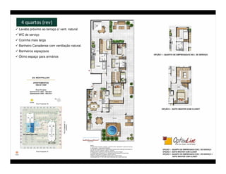 4 quartos (rev)
Lavabo próximo ao terraço c/ vent. natural
WC de serviço
Cozinha mais larga
Banheiro Canadense com ventilação natural.
Banheiros espaçosos
Ótimo espaço para armários
 