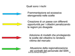 Quali sono i rischi Frammentazione ed eccessiva eterogeneità nelle scelte Creazione di un paese con differenti opportunità per i cittadini penalizzando le regioni più disagiate Adozione di modelli che privilegiando le scelte del cittadino lo rendano vittima del mercato Attuazione della regionalizzazione dei contratti del personale del SSN 