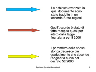 Le richiesta avanzate in quel documento sono state tradotte in un accordo Stato-regioni qu Quell’accordo è stato di fatto recepito quasi per intero dalla legge finanziaria per il 2006 Il parametro della spesa storica decresce più gradualmente che secondo l’originaria curva del decreto 56/2000 