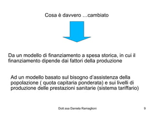 Cosa è davvero …cambiato Da un modello di finanziamento a spesa storica, in cui il finanziamento dipende dai fattori della produzione Ad un modello basato sul bisogno d’assistenza della popolazione ( quota capitaria ponderata) e sui livelli di produzione delle prestazioni sanitarie (sistema tariffario) 