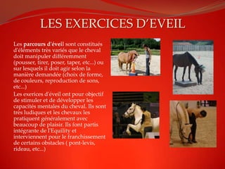 LES EXERCICES D’EVEIL
Les parcours d'éveil sont constitués
d'éléments très variés que le cheval
doit manipuler différemment
(pousser, tirer, poser, taper, etc...) ou
sur lesquels il doit agir selon la
manière demandée (choix de forme,
de couleurs, reproduction de sons,
etc...)
Les exerices d'éveil ont pour objectif
de stimuler et de développer les
capacités mentales du cheval. Ils sont
très ludiques et les chevaux les
pratiquent généralement avec
beaucoup de plaisir. Ils font partis
intégrante de l'Equility et
interviennent pour le franchissement
de certains obstacles ( pont-levis,
rideau, etc...)
 