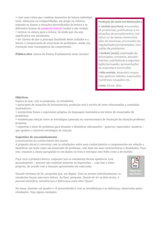 • criar uma rotina que combine momentos de leitura individual
(oral, silenciosa ou compartilhada), em grupo ou coletiva,
expondo os alunos a situações diversificadas de leitura e às
diferentes formas de produção textual (verbal e não verbal);
• motivar os alunos para a leitura, de modo que ela seja
significativa aos estudantes;
• ter clareza de que a principal finalidade deste trabalho é a
leitura e compreensão de enunciado de problemas, sendo sua
resolução uma consequência da compreensão.
Público-alvo: alunos do Ensino Fundamental (anos iniciais).
Objetivos:
Espera-se que, com as propostas, os estudantes:
• participem de situações de leitura/escuta, produção oral e escrita de texto relacionadas a conteúdos
matemáticos;
• interpretem frases e expressões próprias da linguagem matemática em textos de enunciados de
problemas;
• estabeleçam relação entre as estratégias (pessoais ou convencionais) de resolução da situação-problema
proposta;
• explorem o texto do problema para levantar e identificar informações – palavras, expressões, números –
que ajudem a construir estratégias de solução.
Sugestões de encaminhamento
Levantamento do conhecimento dos alunos
A proposta inicial é conversar com os estudantes sobre seus conhecimentos e compreensões em relação a
identificar um texto como um enunciado de problema, com base em suas características e finalidades. Para
isso, organize a classe agrupando-os em duplas ou trios e entregue uma folha como a do modelo.
Faça você a primeira leitura, enquanto isso os estudantes devem apanhá-la. Leia
pausadamente – procure não enfatizar palavras ou expressões –, com tom e ritmo
próprios, de acordo com a situação apresentada em cada texto.
Quando terminar de ler, proponha que, em duplas, trios ou mesmo individualmente, os
estudantes façam uma nova leitura. Ao final, pergunte: Depois de ler os dois textos, é
possível identificar semelhanças e diferenças entre eles? Quais?
Na lousa, desenhe um quadro e vá preenchendo-o com as semelhanças e as diferenças observadas pelos
estudantes. Veja alguns exemplos:
 